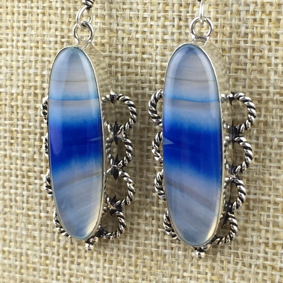 New Striped Blue Botswana Agate Large Stone Silver Hook Dangle Earrings - Picture 4 of 9